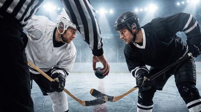 Referee dropping puck for faceoff between two hockey players in white and black jerseys, intense confrontation, professional match, sports competition.