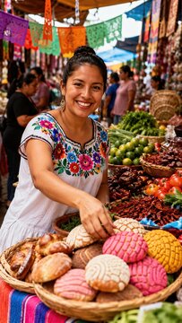 Smiling hispanic woman selling traditional concha bread at colorful outdoor market. Mexican street food and culture. National Hispanic heritage month celebration and festival concept