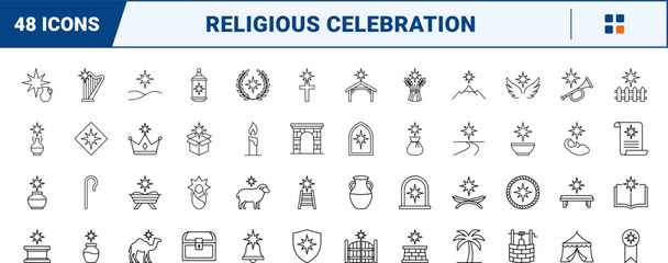 Fototapeta premium Religion line icon set. Vector pictograms of nativity, bethlehem, christmas, and celebration elements, thin linear illustration.
