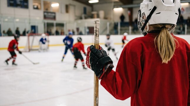 Young player holding stick and watching children play ice hockey match on indoor rink, youth sports, team practice