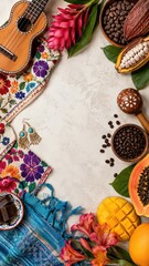 Fototapeta premium Flat lay border with guitar, cacao pod, coffee bean, tropical fruit and embroidered textile. Hispanic heritage and Latin culture concept. National Hispanic Heritage Month celebration background
