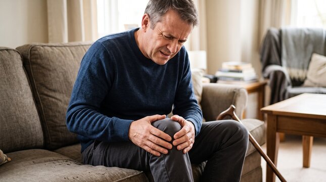 Man experiencing knee discomfort while seated indoors in casual attire with clutching his knee apparent discomfort within cozy indoor living space