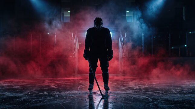 Full body silhouette of hockey player standing on ice rink in dramatic red and blue smoke, powerful stance