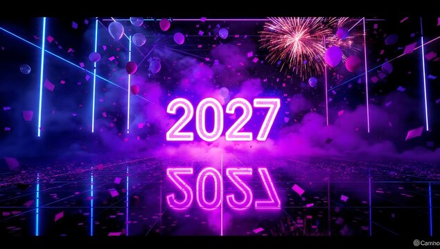 Neon 2027 Text Sign with Fireworks and Balloons in Futuristic Celebration Background