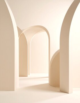 Minimalist beige archway interior with curved architectural arches and soft light for modern background mockup