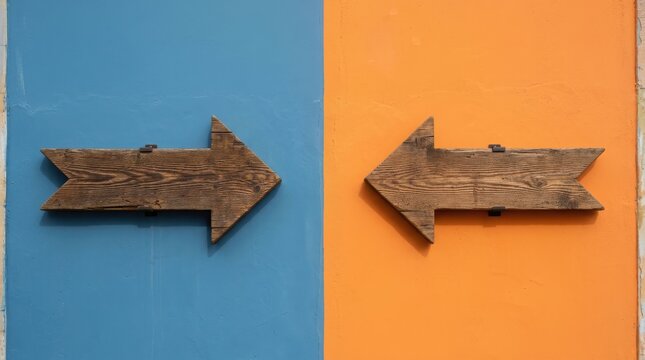 Wooden arrows pointing in opposite directions on blue and orange wall