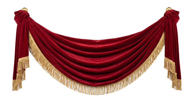 An elegant red velvet curtain swag with dramatic cascading folds, golden fringe trim flowing along the bottom curve, isolated on transparent background