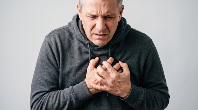 Mature man clutching chest with severe heart pain suffering from heart attack. Cardiovascular disease and cardiac emergency concept.