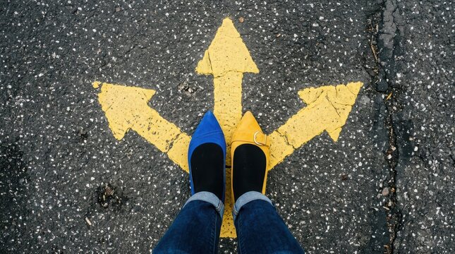 Person standing at a threeway road junction with yellow arrows
