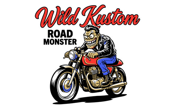 Cartoon monster riding vintage motorcycle illustration