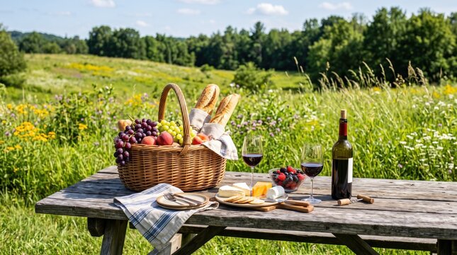 Picnic basket with baguette, fruit and cheese on wooden table in sunny meadow. Summer countryside lunch with red wine and grape. Outdoor leisure and romantic getaway concept