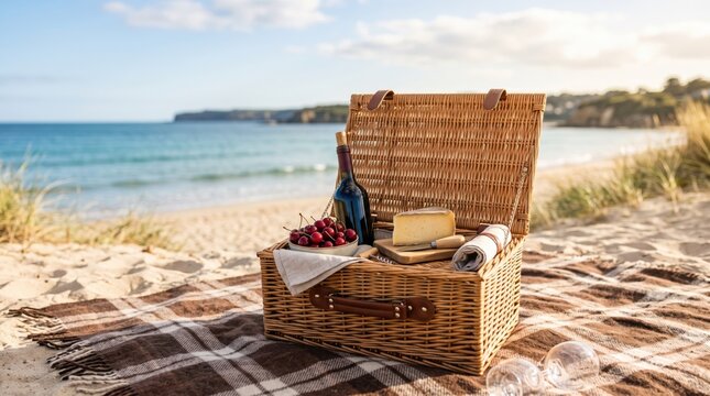 Wicker picnic basket with wine bottle cheese and cherry on blanket at sandy beach. Summer leisure and romantic date concept.