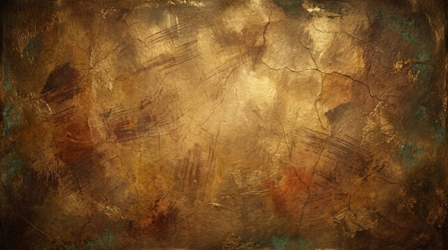 Luxury antique gold Halloween background featuring richly textured handmade parchment, aged metallic gold highlights, subtle bronze oxidation, distressed brush marks, and organic cracks. Warm central 