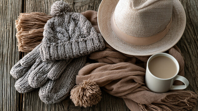 Knitted winter hat gloves scarf felt hat a cup of coffee on a wooden table with seasonal