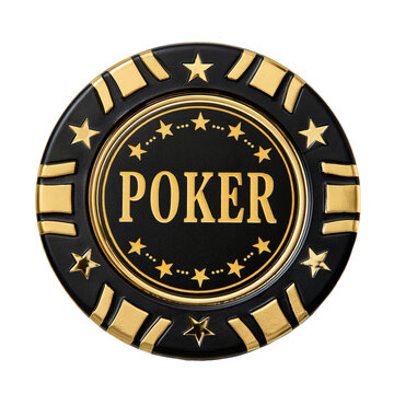Premium black and gold poker chip with text and star pattern isolated on black background