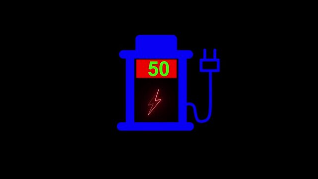 Battery charging station icon glowing with blue lines and red percentage meter indicating current power status securely.