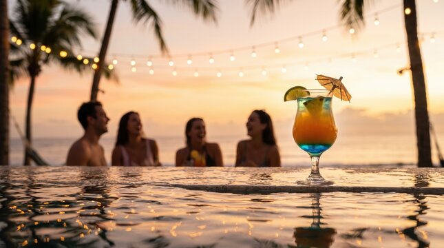 Colorful tropical cocktail on infinity pool edge at sunset with blurred group of friends enjoying party in background