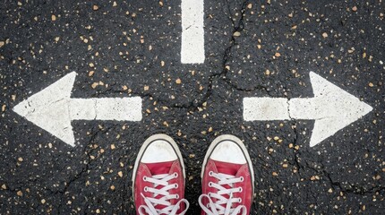 Fototapeta premium Red sneakers standing at a crossroads on asphalt