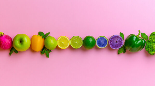 Colorful fresh fruits and vegetables arranged in a row on pink background with flat lay