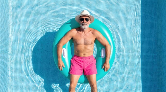 Senior man floating on inflatable ring in swimming pool top view. Mature man enjoying summer vacation and retirement leisure.
