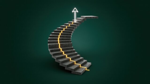 A stone spiral staircase with a glowing neon path leads upward to an arrow. Concept of career advancement and professional growth in business.