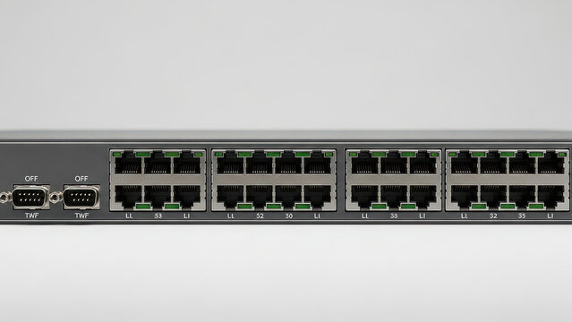 Rear view of a network switch with multiple Ethernet ports and twin fiber.