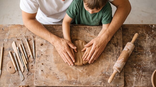 Father and little boy molding clay together on wooden workbench top view. Family pottery craft workshop and handmade ceramics creation.