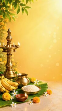 Traditional onam celebration with brass oil lamp, rice, bananas, floral decorations on banana leaves, golden festive background copy space