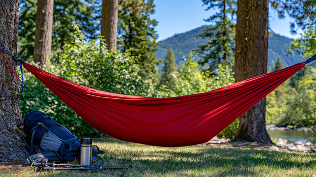 Camping hammock, backpack, thermos and trekking poles hanging or resting beneath tall forest trees, mountain ridge visible through the foliage, peaceful midday wilderness atmosphere, realistic outdo