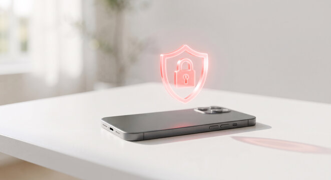 Smartphone on a white table with a virtual hologram of a red safety shield and padlock
