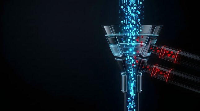 Abstract Digital Data Filtration Process with Glowing Cubes Flowing Through a Funnel