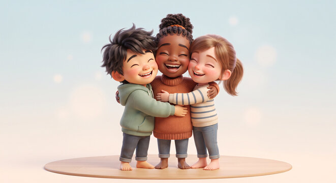 3D illustration of three happy diverse children hugging each other joyfully