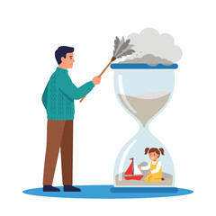 Fototapeta premium Man dusting giant hourglass with child playing inside | Time concept illustration