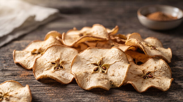 Close up of dried apple chips on wooden table with spices in background