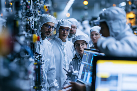 Engineers in Cleanroom Suits Inspecting Semiconductor Manufacturing Facility