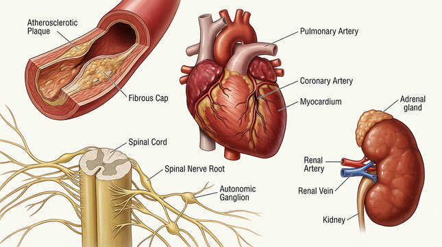 Detailed medical of human heart, kidneys, and nervous system
