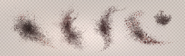 Fototapeta premium Coffee powder scatter set isolated on transparent background. 3d vector realistic illustration of chocolate or cocoa particles splash, brown dust texture, scattered cinnamon effect for food design