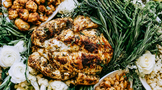 Roasted whole chicken surrounded by fresh herbs roasted potatoes white flowers