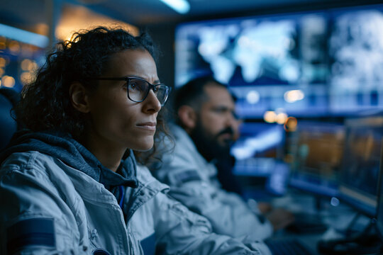 Female Engineer Working at Monitors in Mission Control Room
