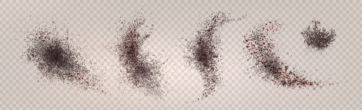Coffee powder scatter set isolated on transparent background. 3d vector realistic illustration of chocolate or cocoa particles splash, brown dust texture, scattered cinnamon effect for food design