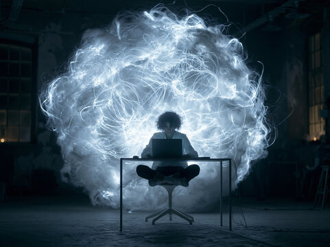 Programmer Working on Laptop with Digital Energy Cloud