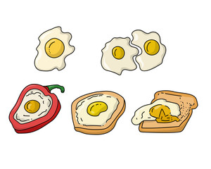 Sen of doodle of fried eggs, egg toasts and egg cooked inside red bell pepper ring vector illustration © SunnyColoring