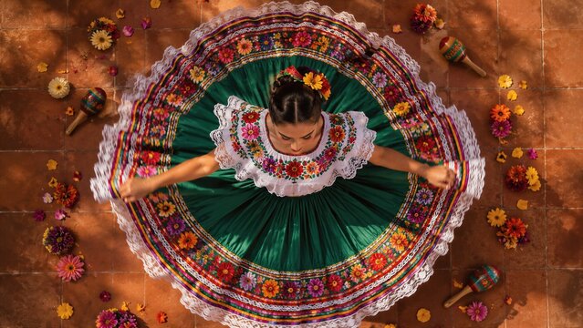 Top view of woman dancer in traditional mexican folklorico dress spinning. National Hispanic Heritage Month celebration of latin culture, heritage and folk dance tradition concept.