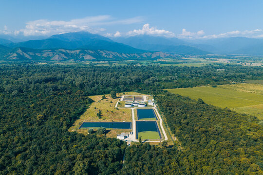 Aerial view of the Telavi Waste Water Treatment Facility featuring large water purification ponds surrounded by dense forest and scenic mountain ranges in Kondoli, Kakheti, Georgia.