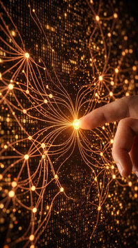 Digital network with illuminated nodes and binary code background, showcasing human interaction with technology, symbolizing innovation and connectivity