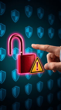 Red padlock glowing neon pink, with yellow warning sign and finger pointing, symbolizing security breach and alert, against shield pattern background, representing threat.