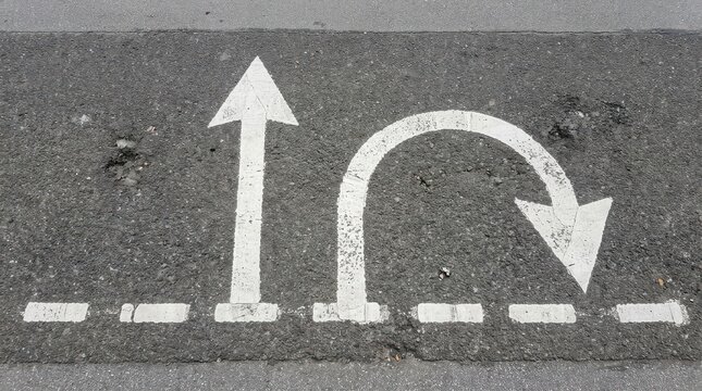 Road markings with straight arrow and u turn symbol