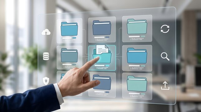 Digital asset management dashboard showing professional user selecting cloud storage folder for secure corporate file sharing