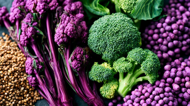 Purple broccoli florets alongside green broccoli and grains with organic produce