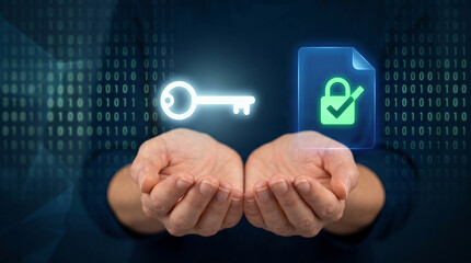 Obraz premium Hands hold a glowing key and lock icon against a binary code background, symbolizing digital security, access, and protection of data
